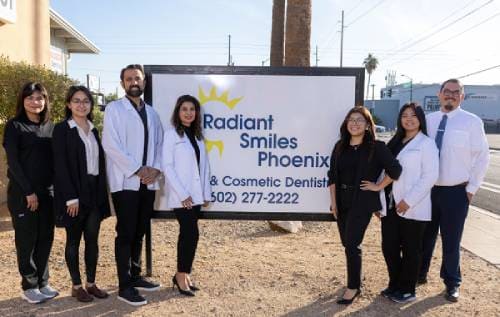 Radiant Smiles Phoenix team outside office sign
